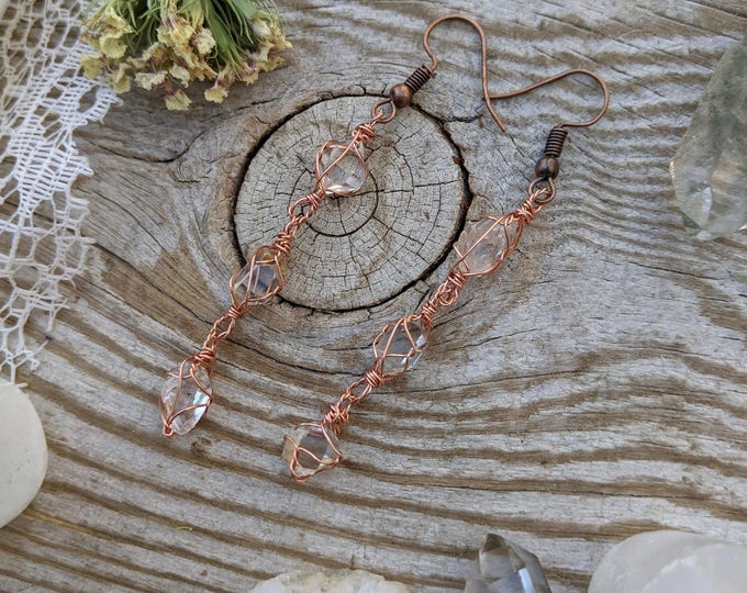 Triple herkimer diamond earrings, copper herkimer diamond earrings, herkimer earring set, natural raw rough tiny herkimer diamond crystal ea