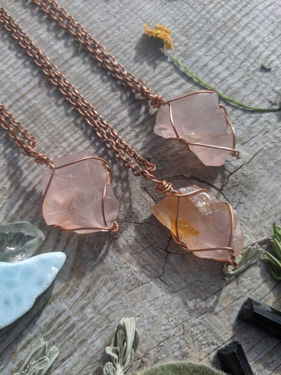 Small Raw Rough Natural Rose Quartz Crystal Wire Wrapped in Pure
