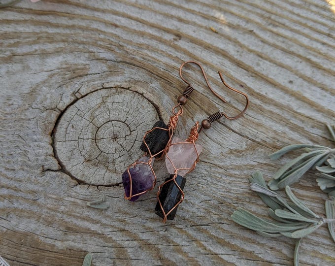 Black tourmaline, rose quartz, amethyst mismatched crystal earrings, natural high quality raw rough black tourmaline, pink quartz earrings,