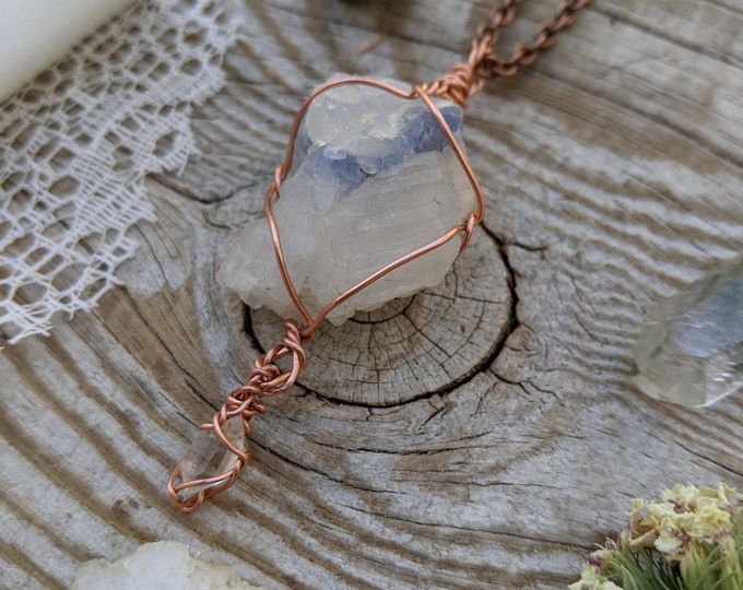 Blue quartz and herkimer diamond crystal pendant, incredible Dumortierite Quartz pendant, rare Dumortierite Quartz crystal structure, etched