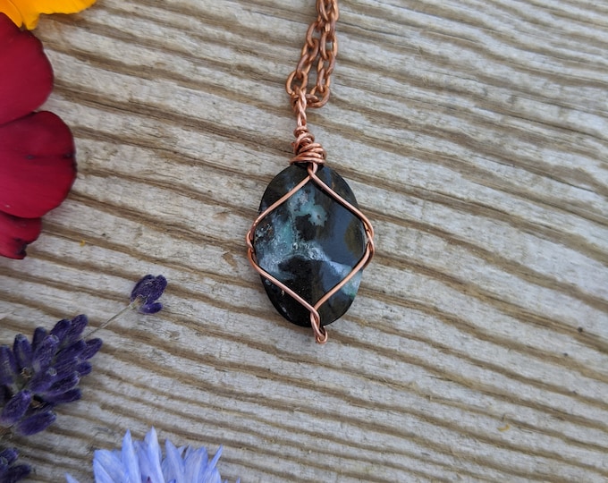 Natural opal wood pendant, solid copper petrified wood pendant, petrified wood crystal pendant, opal wood crystal pendant, natural opal wood