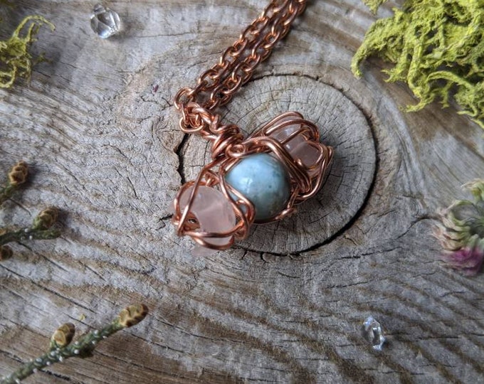 Tripple moon pendant, larimar and rose quartz pendant, larimar pendant, rose quartz moon,