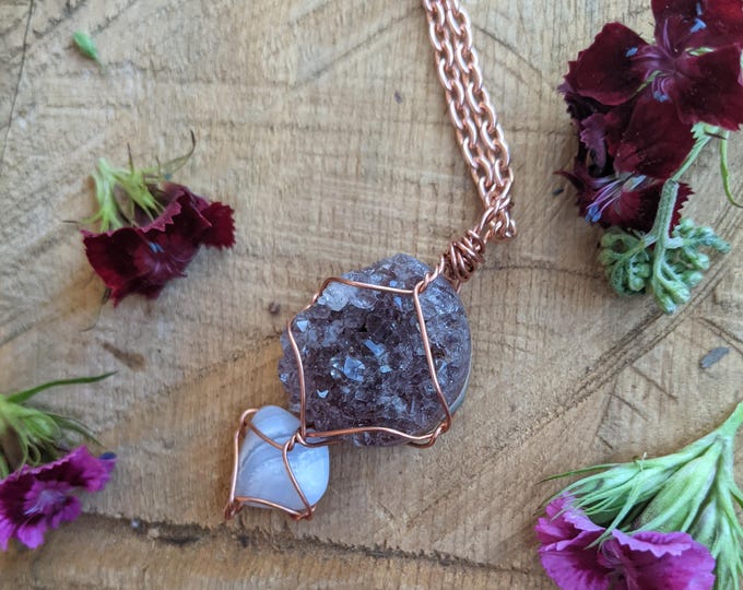 Amethyst cluster and blue lace agate crystal pendant, natural amethyst cluster, natural blue lace agate pendant, blue lace agate necklace,