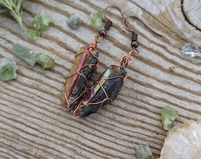 black kyanite and sunset aura quartz crystal earrings, natural raw rough black kyanite crystals, sunset aura earrings, natural kyanite earri