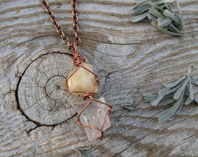 Yellow calcite and kunzite crystal pendant, honey calcite pendant, kunzite pendant, natural raw rough yellow calcite, raw kunzite necklace,