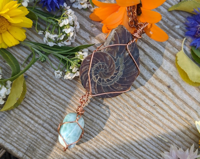 ammonite cephalopod and larimar crystal pendant, copper ammonite pendant, copper larimar pendant, ammonite crystal necklace, larimar necklac