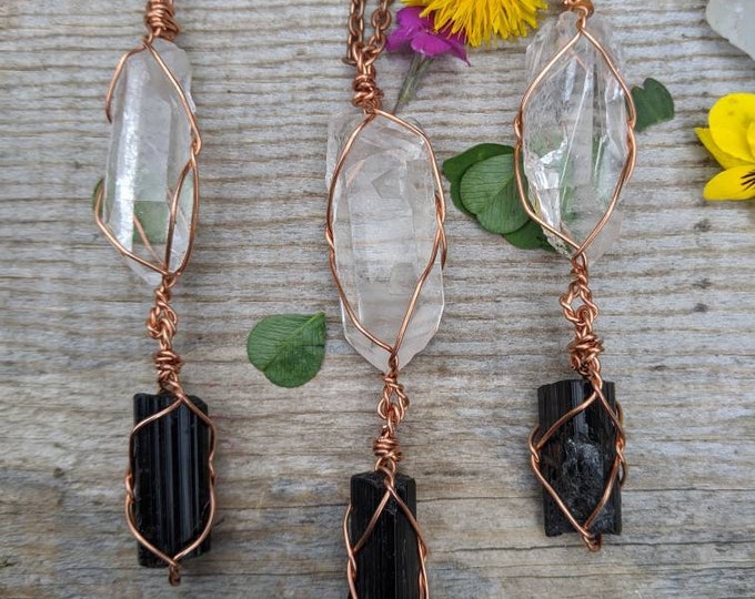 clear quartz point and black tourmaline pendant, quartz pendant, black tourmaline pendant, quartz necklace, raw crystal jewelry, raw tourmal