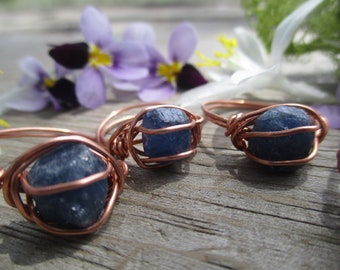 Raw blue sapphire crystal ring,  pure copper sapphire ring, made to order, natural crystal, rough sapphire, Sterling silver sapphire ring