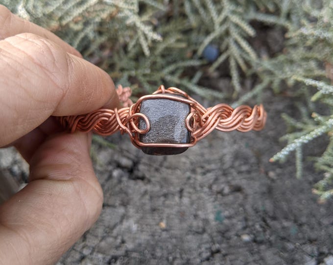 Black Sunstone braded copper wire bracelet, handmade braded copper cuff bracelet, copper bead bracelet, natural copper cuff, adjustable cuff