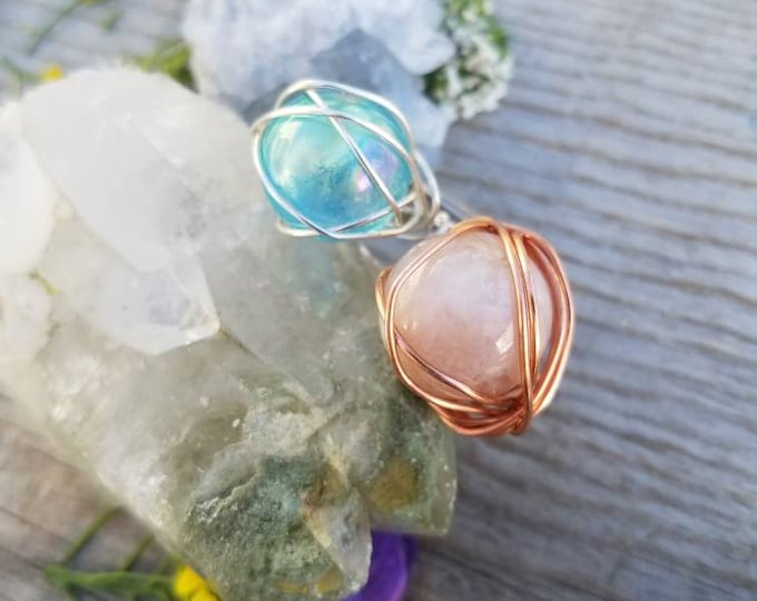 Crystal sphere rings! Rose quartz aqua aura or flower agate crystal rings made to order