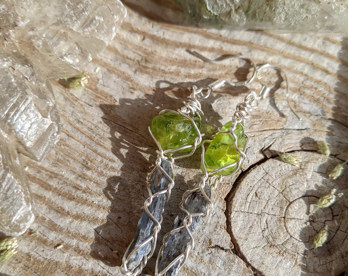 Peridot and blue kyanite crystal earrings in sterling silver