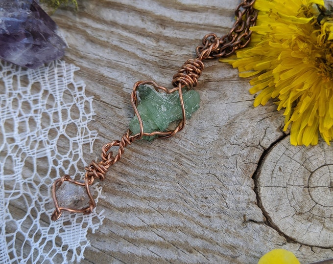 Green tourmaline cluster and herkimer diamond pendant, herkimer pendant, green tourmaline pendant, natural raw rough green tourmaline, mini