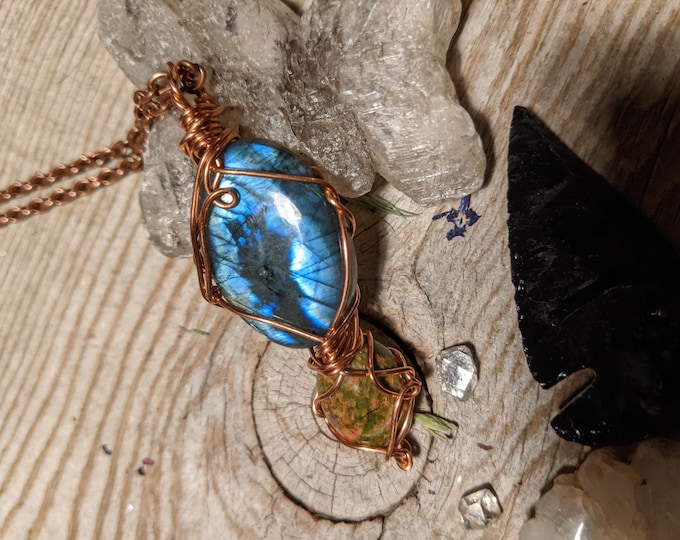 Labradorite and unikite crystal pendant, natural labradorite pendant, natural unikite pendant, high quality unikite necklace, natural blue