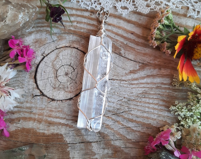 Selenite and Clear quartz combination pendant, selenite pendant, satin spar pendant, clear quartz crystal pendant, clear quartz pendant, ter