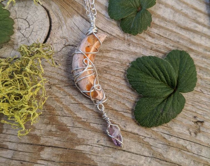 Dainty sweet beautiful fire opal crescent moon and Veracruz amethyst crystal pendant, opal pendant, opal moon pendant, moon pendant,crescent