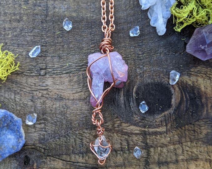 Rose aura and herkimer diamond crystal pendant, pink aura cluster, rainbow aura quartz cluster, natural raw rough herkimer diamond crystal