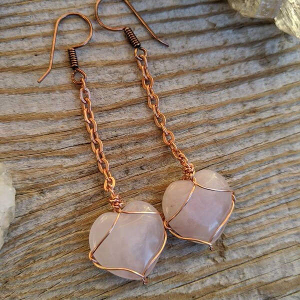 Rose quartz hear drop earrings in solid copper, solid copper rose quartz earrings, crystal earrings, rose quartz heartm pink quartz heart, d