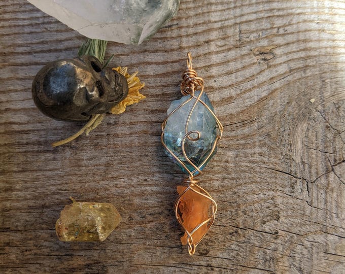 Aqua aura quartz and fire opal pendant, natural orange fire opal necklace, aqua aura quartz crystal pendant, rainbow aura quartz pendant, ra