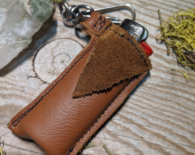 Leather lighter holder case leash handmade with elf vibes, all natural raw and recycled material, lighter holder, lighter case