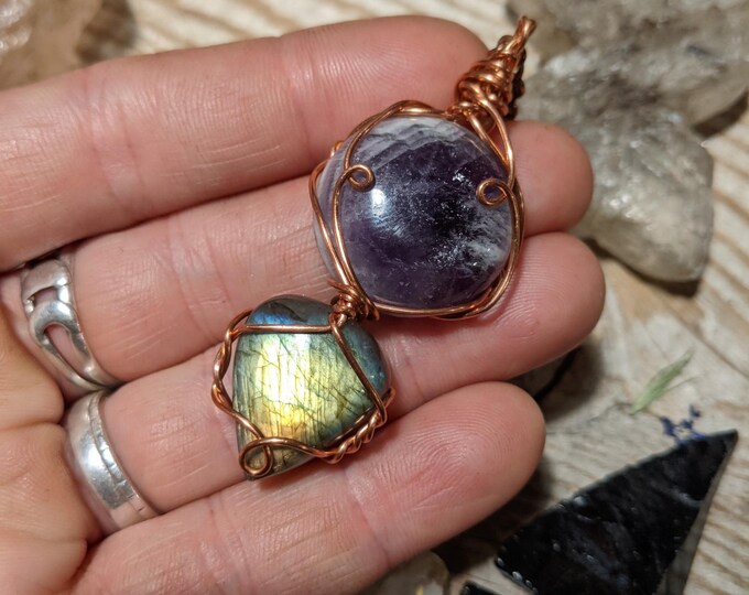 Amethyst and labradorite crystal pendant, natural purple chevron amethyst and all natural golden rainbow labradorite pendant, labradorite ne