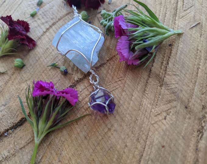 Aquamarine and Amethyst crystal pendant in fine silver, natural raw aquamarine pendant, natural raw amethyst pendant, dark purple amethyst