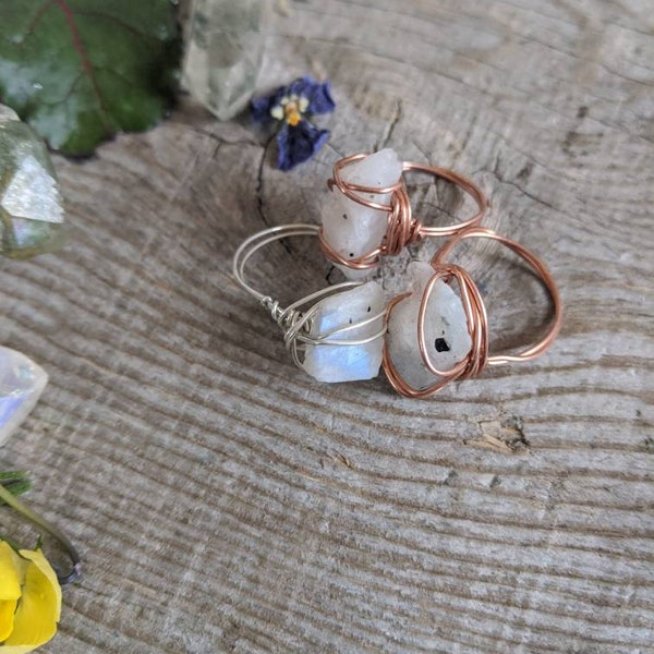 Raw, Rough, Natural rainbow Moonstone crystal rings, moonstone crystal jewelry, pure copper or fine silver wire wrapped ring, raw unpolished