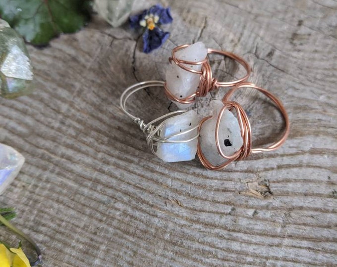 Raw, Rough, Natural rainbow Moonstone crystal rings, moonstone crystal jewelry, pure copper or fine silver wire wrapped ring, raw unpolished