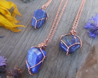 natürlicher kleiner Lapislazuli Kristalldraht gewickelt Anhänger, Kupfer oder Silber wrap, Halskette verstellbare Lederschnur oder Kupfer Kette dunkelblau