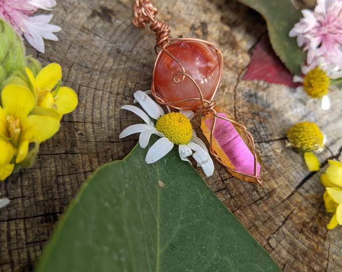 Carnelian crystal sphere pendant with sunset aura quartz, sunset aura quartz necklace, sunset quartz pendant, rainbow aura quartz, orange ag