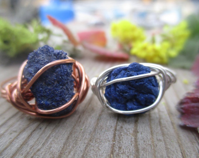 Azurite crystal ring, raw azurite ring, rough azurite, natural azurite, copper azurite ring, silver azurite ring, crystal ring, raw crystal