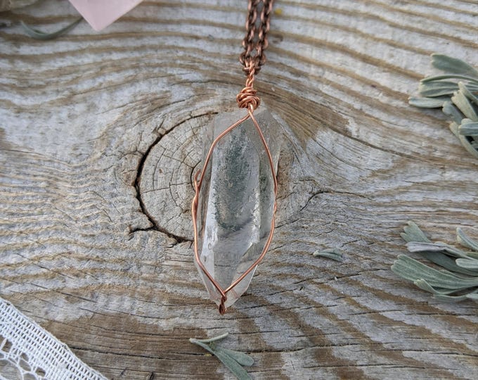 chlorite quartz crystal pendant, chlorite quartz, green quartz, large quartz pendant, chlorite pendant, inclusions in quartz, green quartz