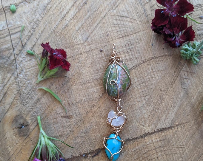 Unikite and rose quartz and turquoise crystal pendant in bronze gold, unikite pendant, unikite necklace, rose quartz moon necklace, turquois