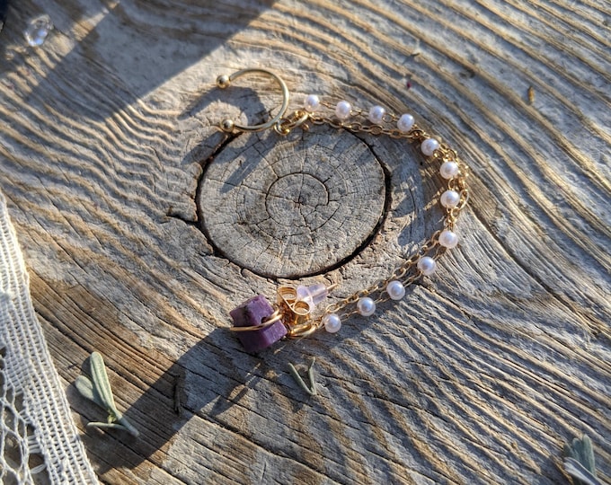 lepidolite crystal stud earring and cuff on chain combination, lepidolite studs, lepidolite earring, crystal studs, purple lepidolite crysta