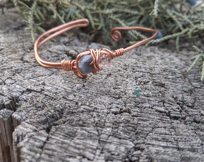 Blue sapphire and herkimer diamond crystal cuff bracelet, natural raw rough sapphire and natural raw rough herkimer diamond crystal bracelet