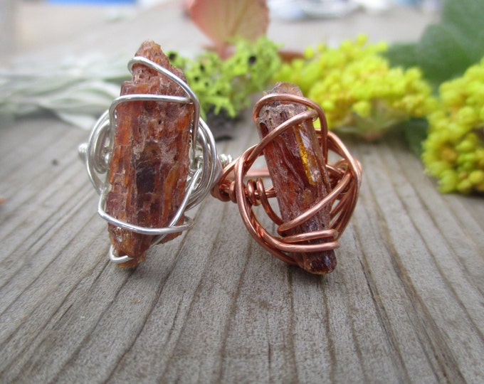 Orange Kyanite crystal wire wrapped ring, orange kyanite ring, copper orange kyanite ring, sterling silver orange kyanite ring, raw kyanite