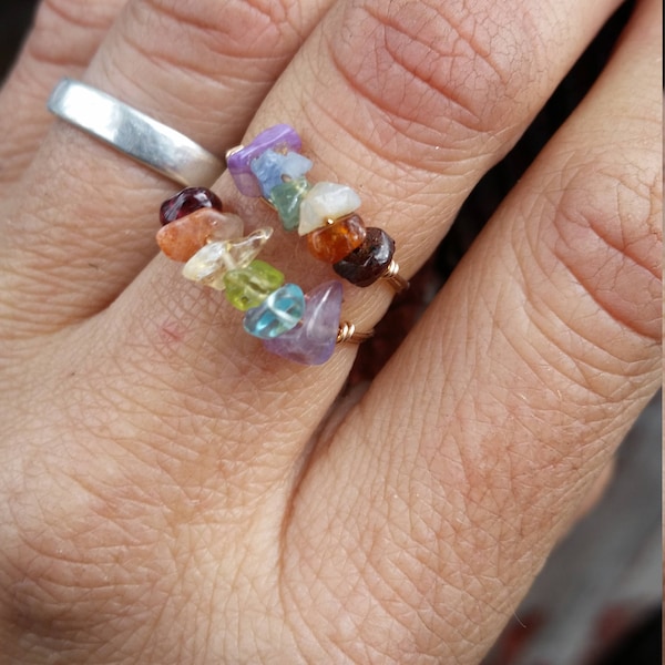 Chakra and Rainbow gemstone Crystal ring- made to order- raw all natural gemstone crystal rings you choose the size handmade genuine