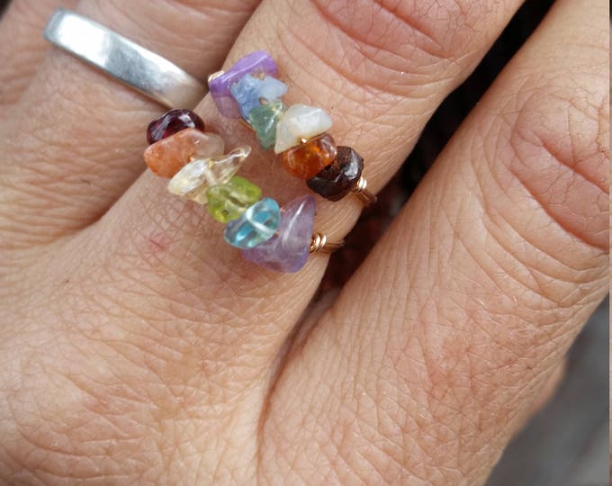 Chakra and Rainbow gemstone Crystal ring- made to order- raw all natural gemstone crystal rings you choose the size handmade genuine