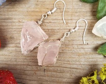 Rose quartz earrings, raw natural rough rose quartz crystals, pink quartz earrings, large chunky earrings, sterling silver wire wrapped
