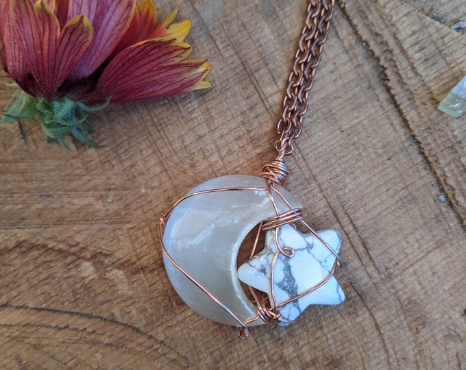 Selenite moon and howlite star pendant, moon and star pendant, selenite moon pendant, satin spar necklace, howlite pendant, howlite necklace