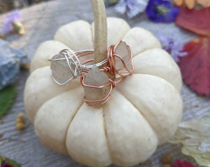 Raw, Rough, Natural Moonstone crystal rings, moonstone crystal jewelry, pure copper or fine silver wire wrapped ring, raw unpolished
