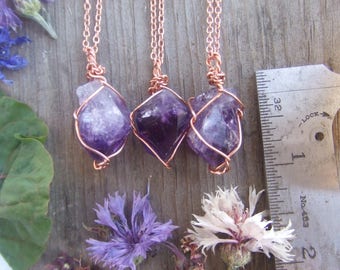 A perfect little  purple Amethyst crystal point wrapped in pure copper with a real leather chord raw natural, amethyst pendant, amethyst nec