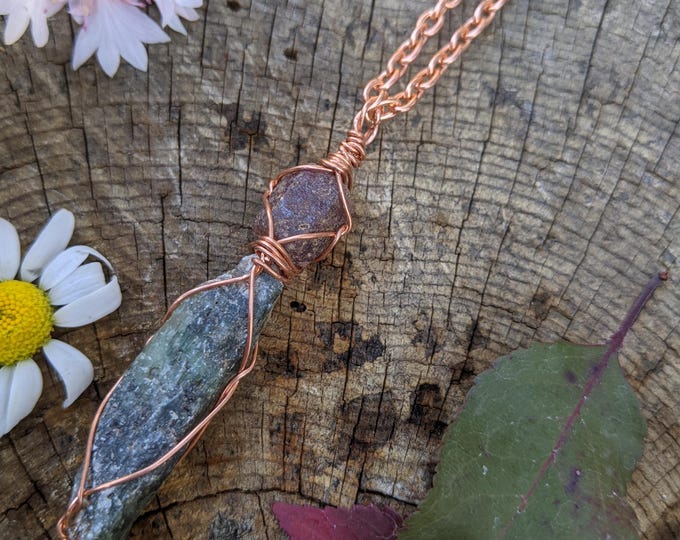 Raw ruby and blue green kyanite crystal pendant in solid copper, natural raw ruby pendant, raw rough kyanite pendant, red ruby necklace, kya