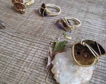 Various FINE SILVER PLATED crystal rings, ammonite ring, garnet ring, orange kyanite ring, megalodon ring, old collection, no restock,