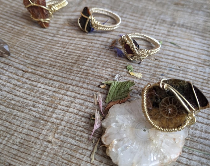 Various FINE SILVER PLATED crystal rings, ammonite ring, garnet ring, orange kyanite ring, megalodon ring, old collection, no restock,