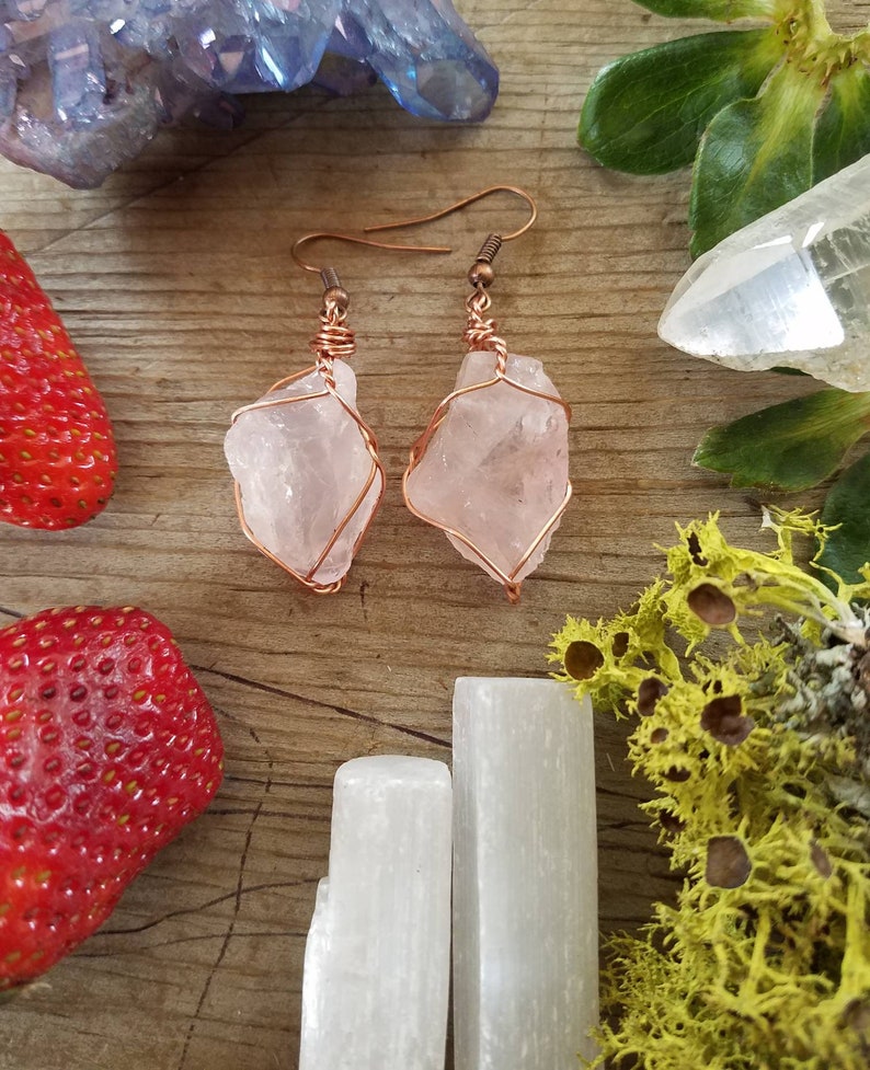 Rose quartz earrings, raw natural rough rose quartz crystals, pink quartz earrings, large chunky earrings, pure copper wire wrapped earrings image 6