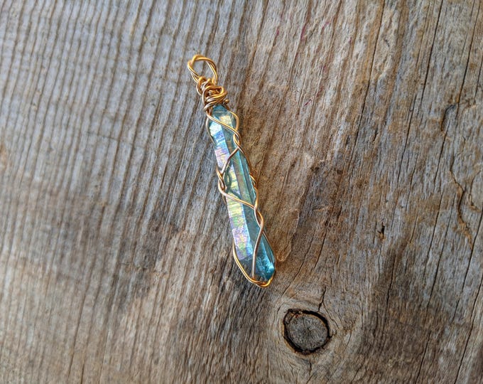 Bronze gold double terminated aqua aura quartz crystal pendant, double terminated blue aura quartz rainbow crystal necklace, rainbow quartz