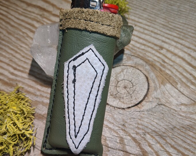 Leather lighter holder case leash handmade with a white crystal image, all natural raw and recycled material, lighter holder, lighter case