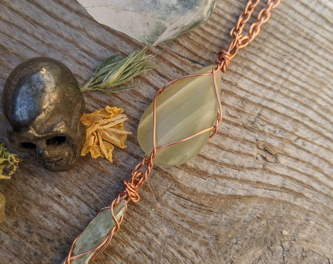 pistachio calcite and green kyanite crystal pendant in solid copper, natural raw rough green kyanite and a polished gorgeous silky smooth