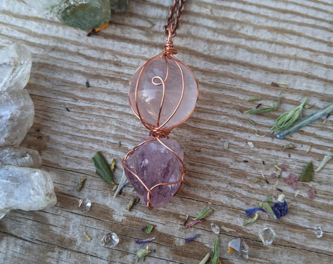 Rose quartz crystal sphere and amethyst crystal pendant, raw amethyst pendant, rose quartz pendant, rose quartz necklace, amethyst necklace