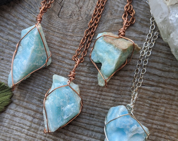 Raw rough Blue aragonite pendant, solid copper blue aragonite crystal, blue calcite necklace, calcite pendant, calcite pendant,  Caribbean